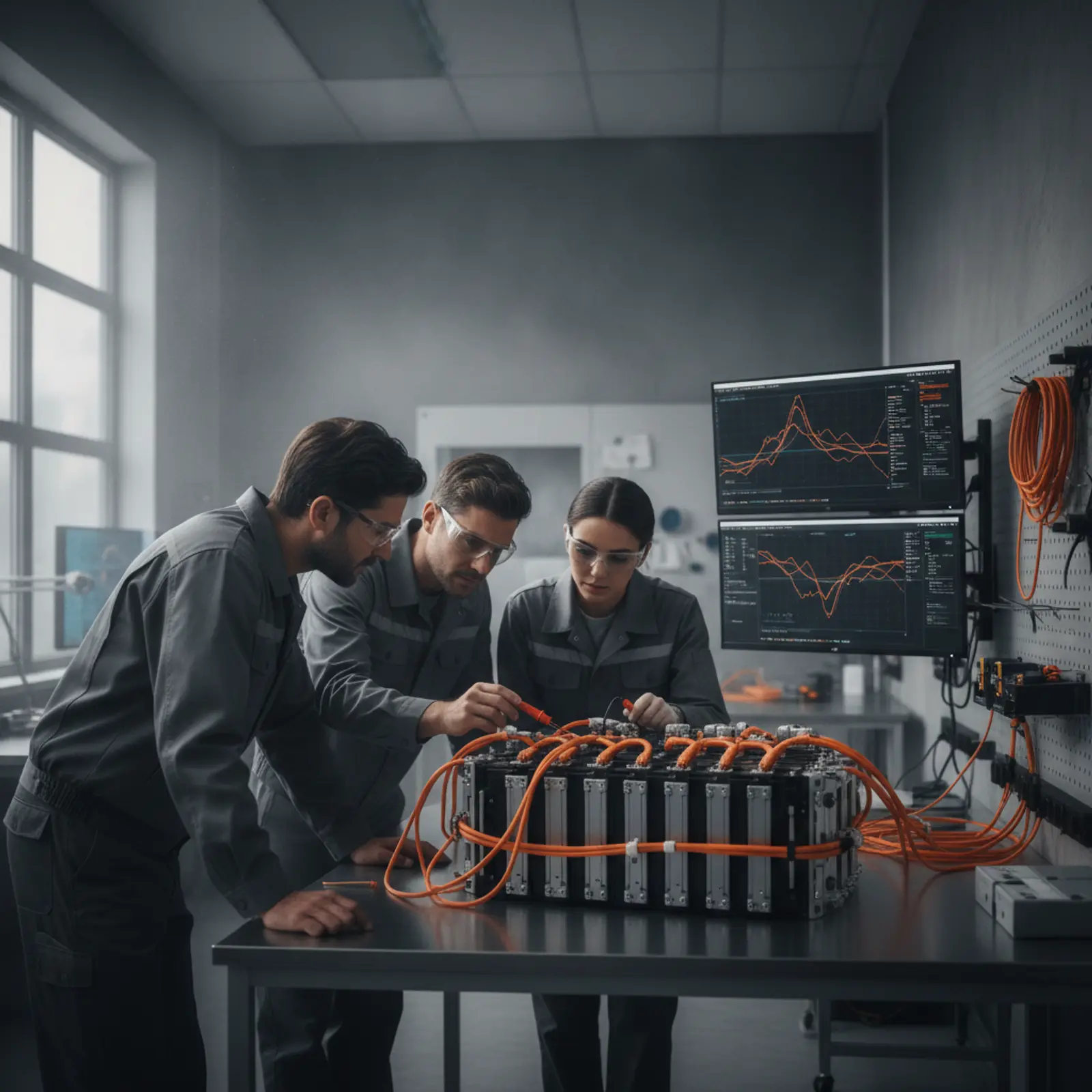Engineers examining an electric vehicle battery module in a research lab