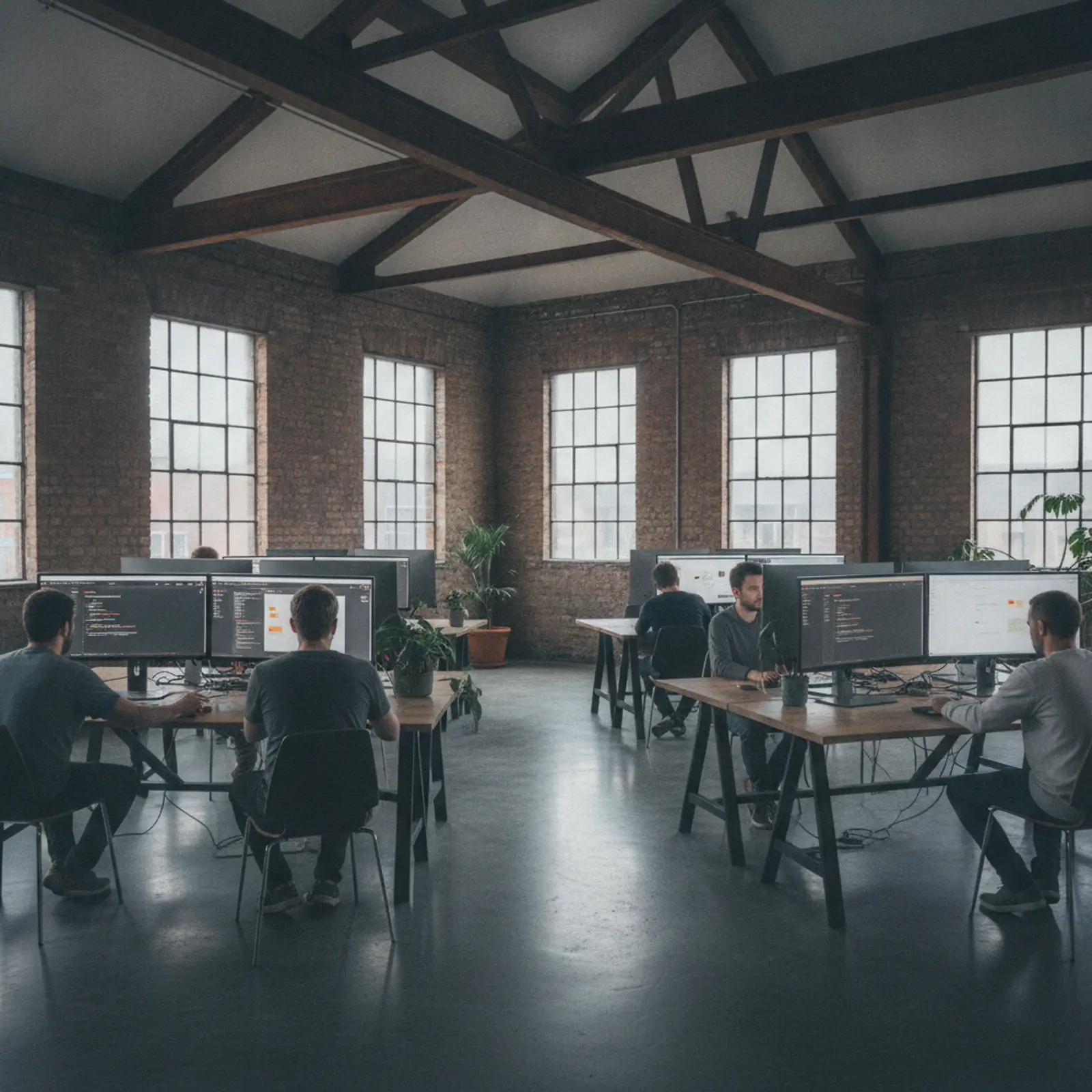 Designers working at large monitors in a converted red-brick industrial studio
