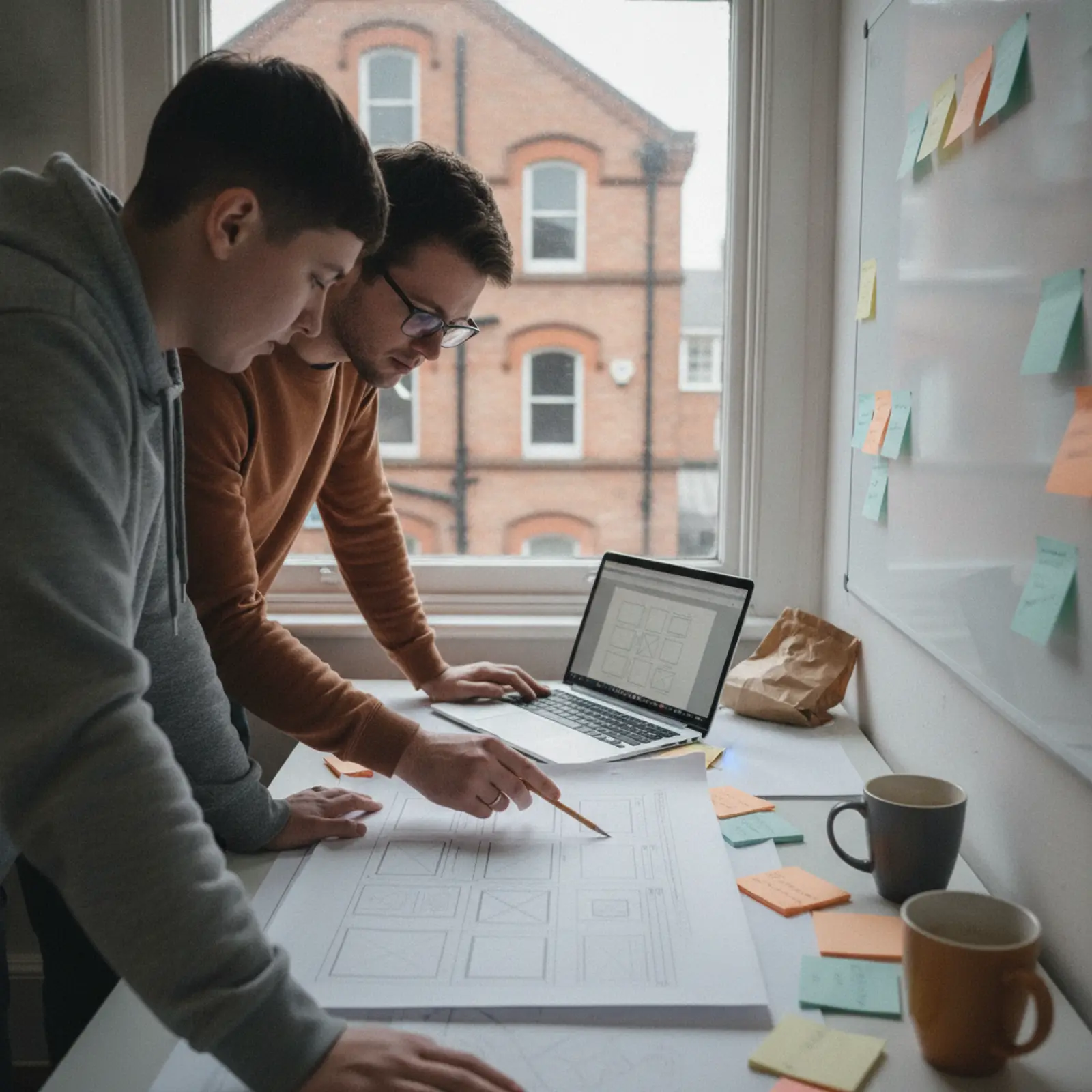 Two people reviewing a website wireframe on paper and a laptop