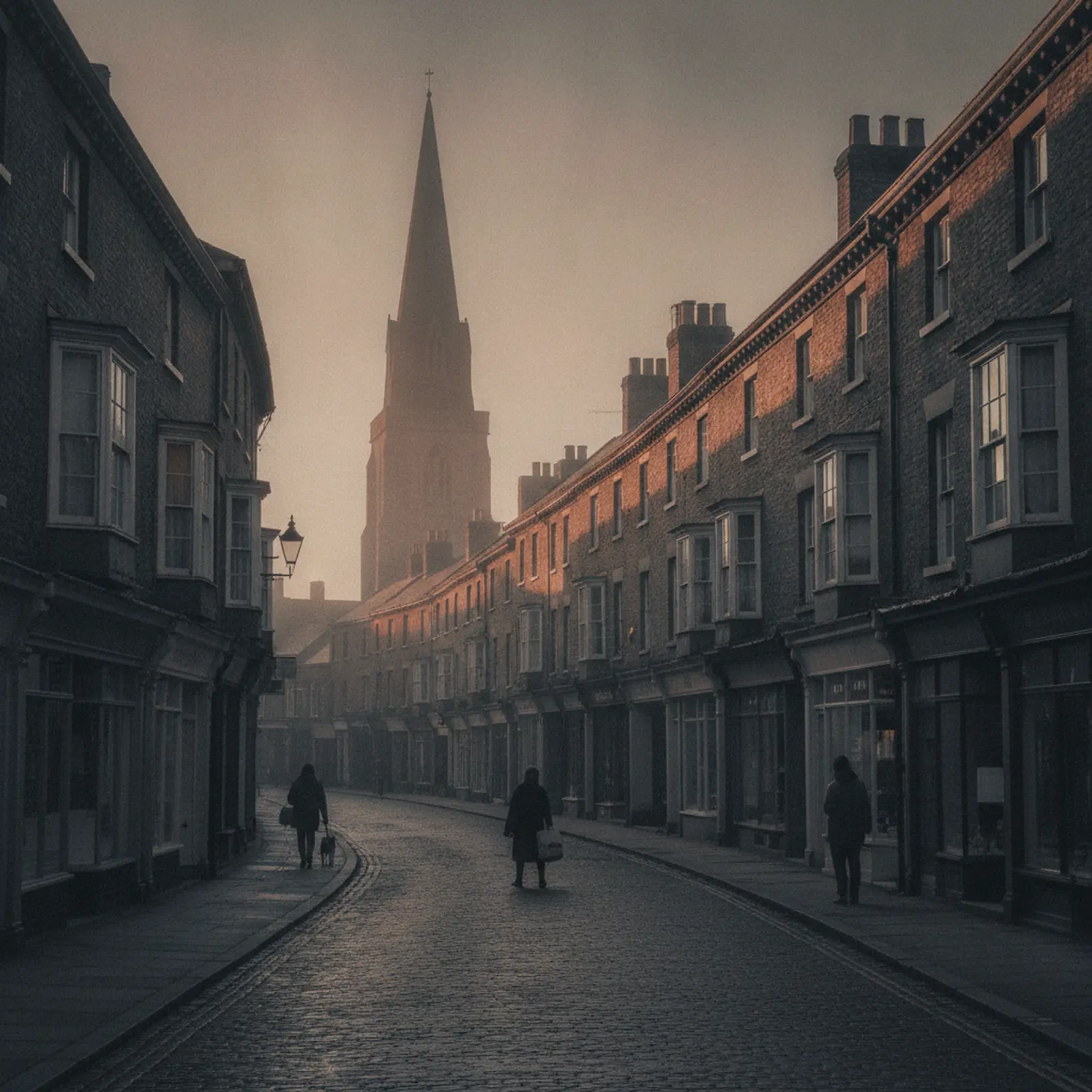 A market town high street with Victorian brick shopfronts and a church spire