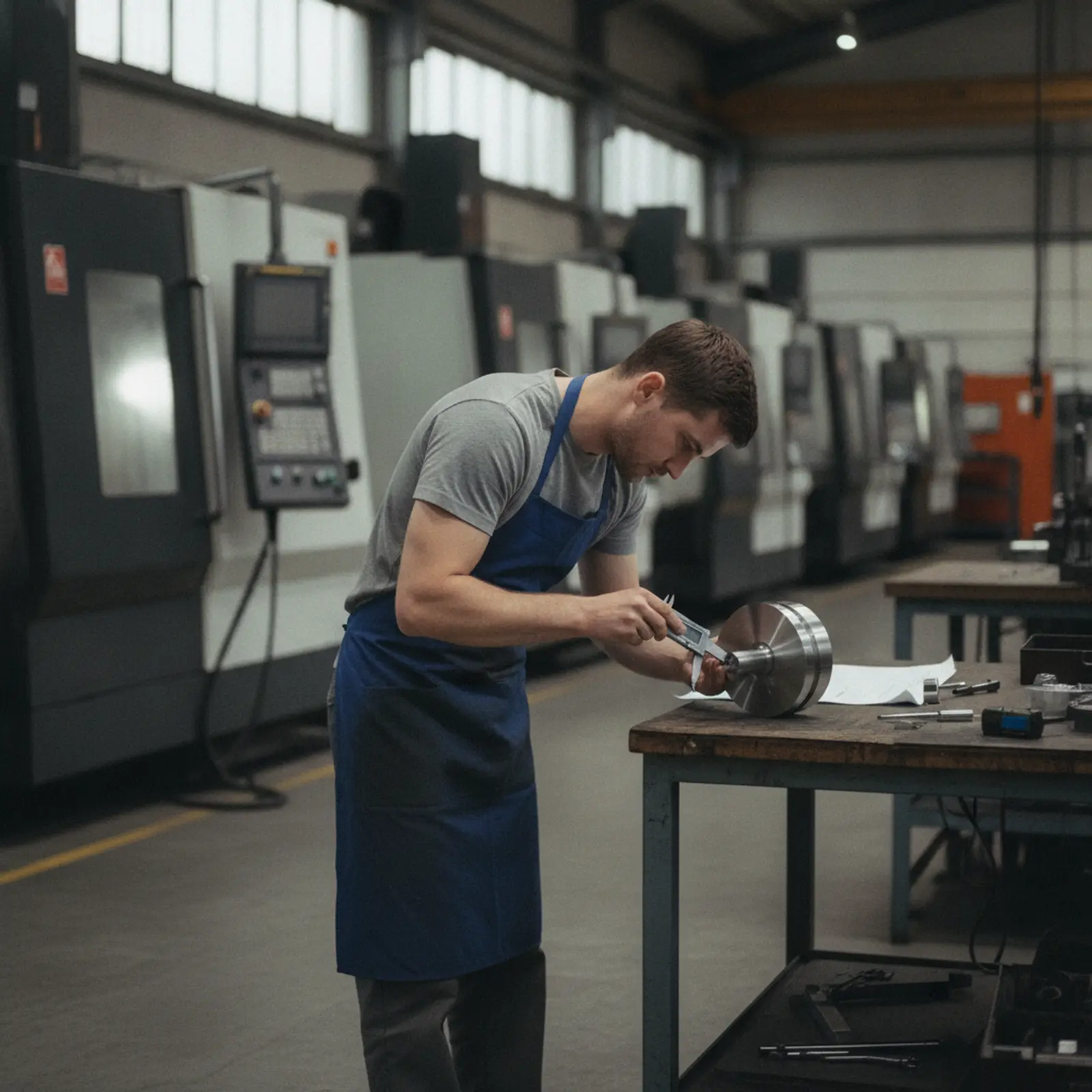 A machinist checking a turned metal part with callipers on a CNC shop floor