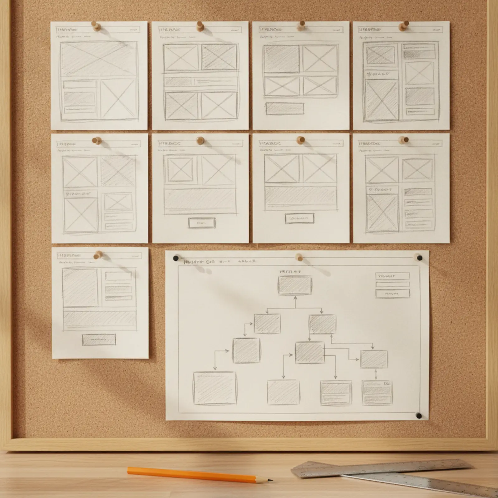 Pencil website wireframes and a site map pinned to a cork board